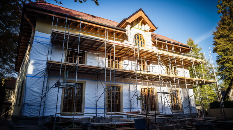 Maison en cours de rénovation avec échafaudages sous un ciel dégagé chez Vaxelaire Rémi.
